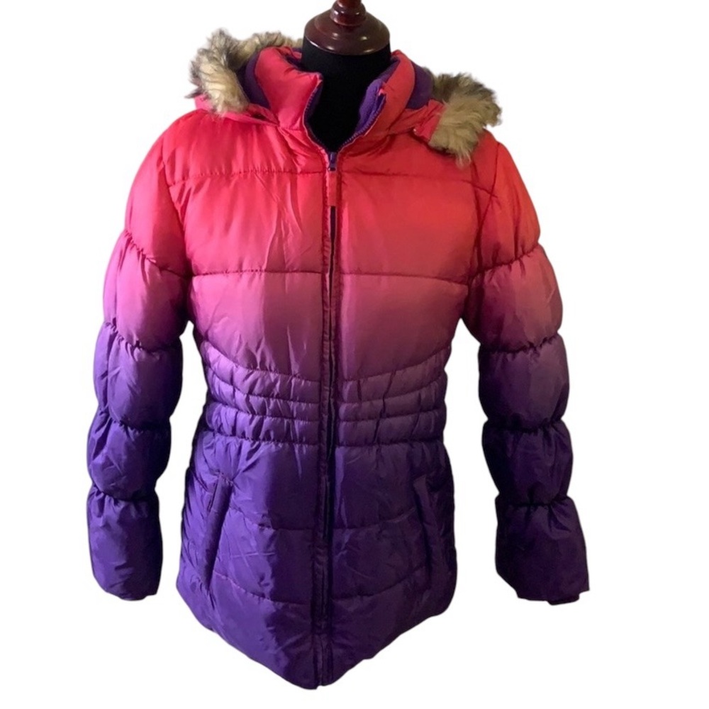 Girl’s Minus Zero Neon Pink & Purple Ombré Faux Fur Trimmed Hooded Puffe…